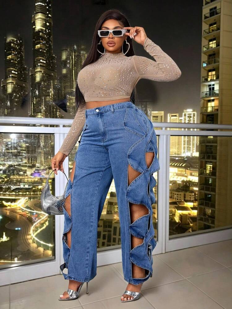 Slaydiva Plus Size Women Hollow Out Wrap Design Fashion Denim Jeans Old Money Party Autumn | SHEIN