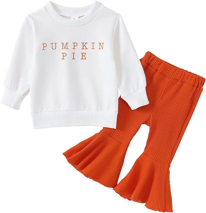 Amazon.com: Toddler Baby Girl Halloween Outfits Pumpkin Pie Letter Printed Sweatshirt+Flare Pants... | Amazon (US)