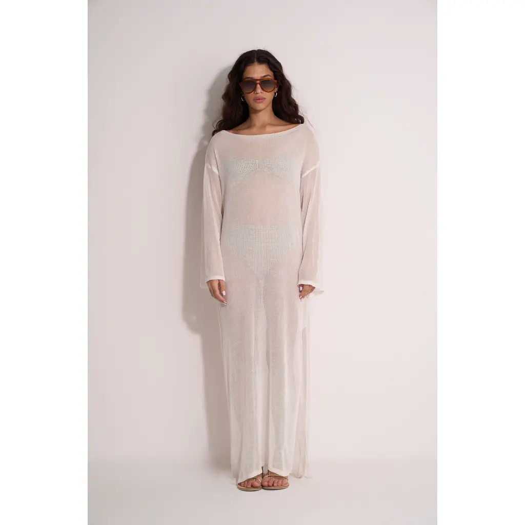 Gottex Beach Life Classic Fishnet Long Sleeve Beach Dress in White at Nordstrom | Nordstrom