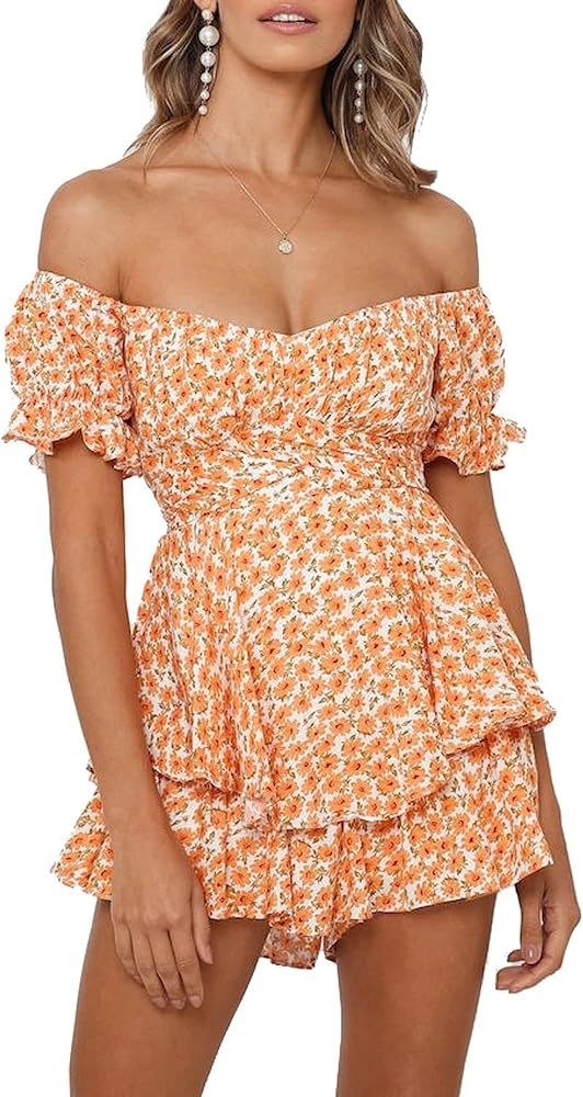 Murimia Women's Summer V-Neck Floral Wide Leg Jumpsuits Layered Ruffle Hem Short Dress Rompers | Amazon (US)