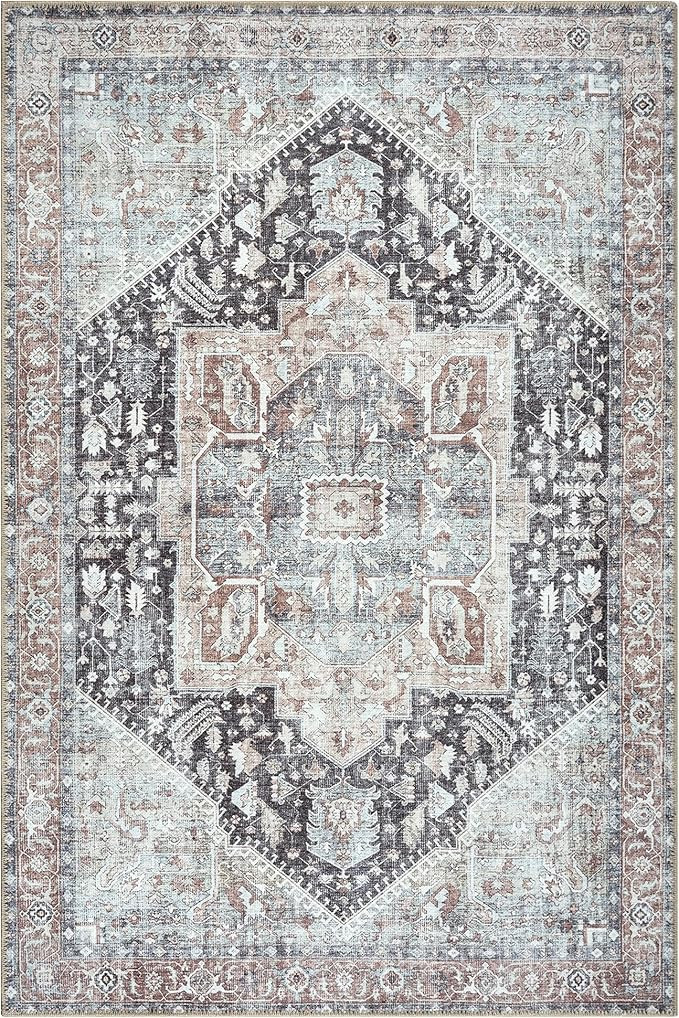 Bloom Rugs Washable Non-Slip 5' x 7' Rug - Charcoal/Brown Traditional Medallion Area Rug for Livi... | Amazon (US)