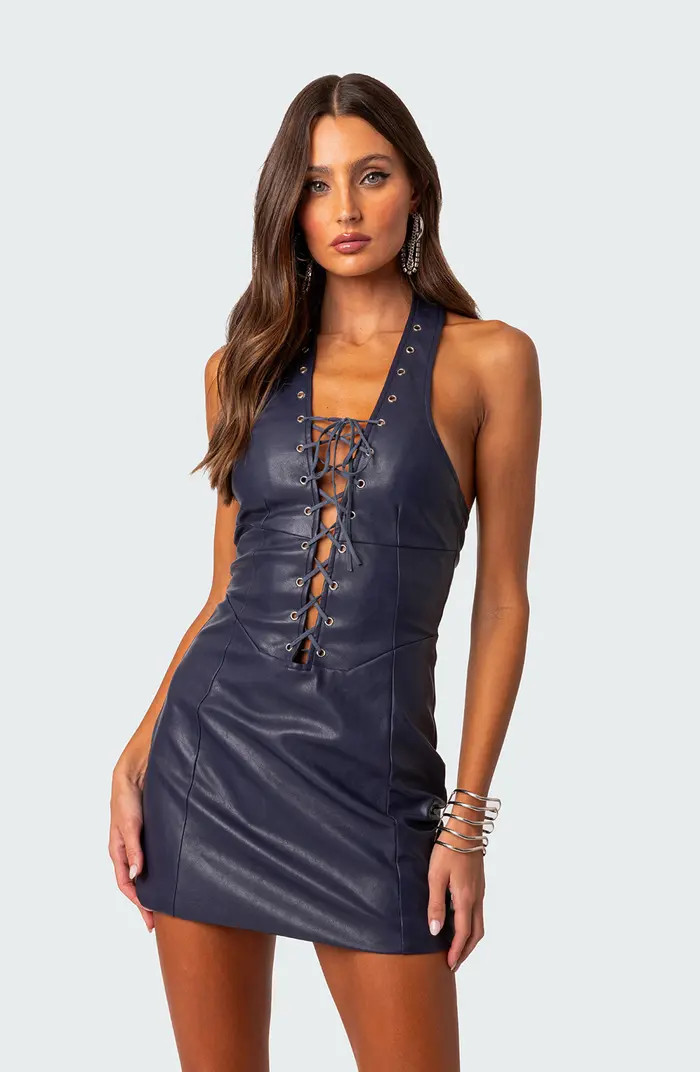 Fiia Faux Leather Halter Minidress | Nordstrom