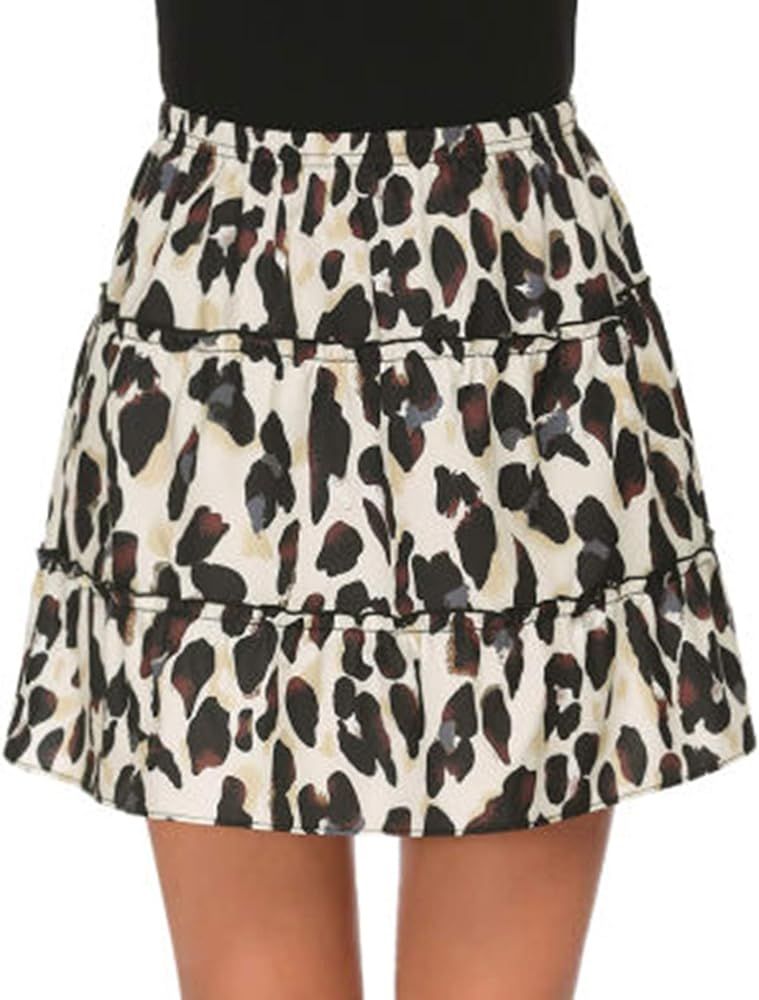 Women's Leopard Print Mini Skirt High Waist A-Line Skirt Layer Ruffle Hem Short Skirt | Amazon (US)