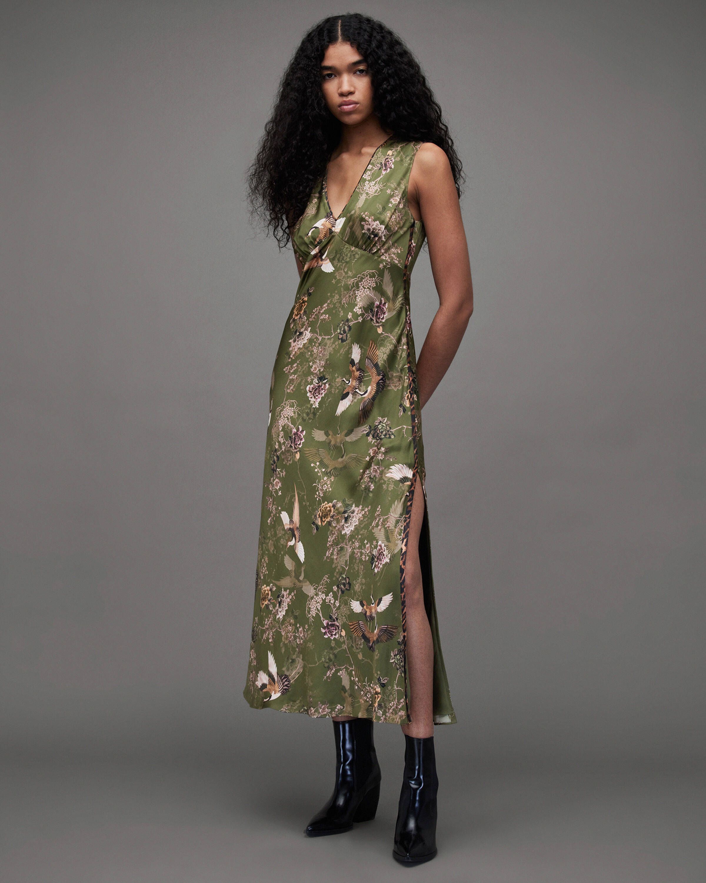 Karla Peggy Floral Silk Blend Maxi Dress KHAKI GREEN | ALLSAINTS | AllSaints UK
