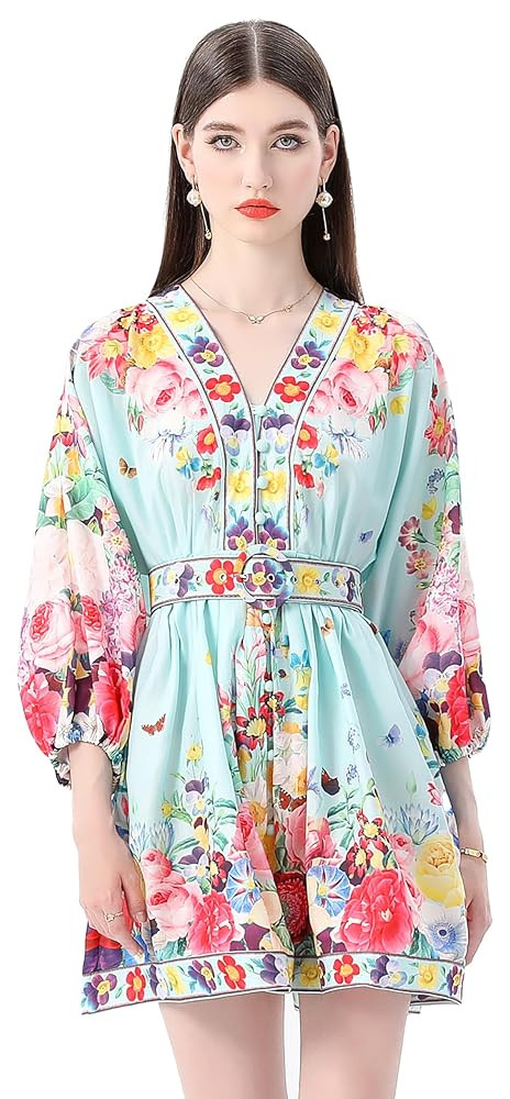 LAI MENG FIVE CATS Women's V-Neck Floral Print Lantern Sleeve Button up Belt Dress Casual Mini Dr... | Amazon (US)
