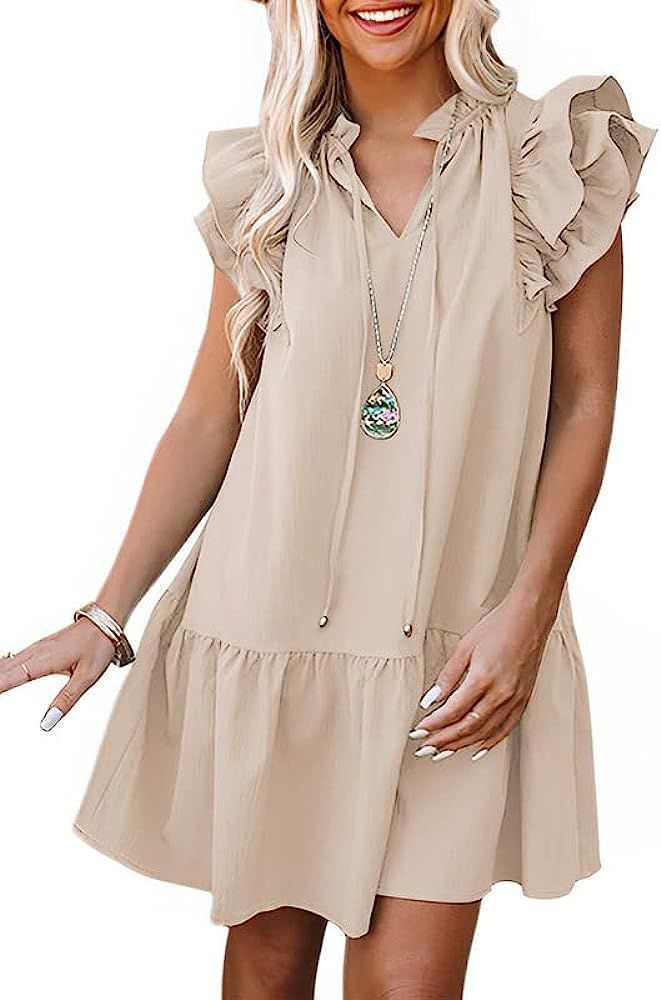 Dokotoo Womens 2023 Spring Summer V-Neck Drawstring Ruffle Cap Sleeve Side Pockets Mini Dress | Amazon (US)