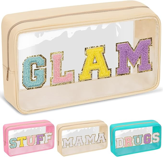 Chenille Letter Clear Makeup Bags Glam Pouch, Preppy Patch Makeup Bag with Zipper, Transparent PV... | Amazon (US)