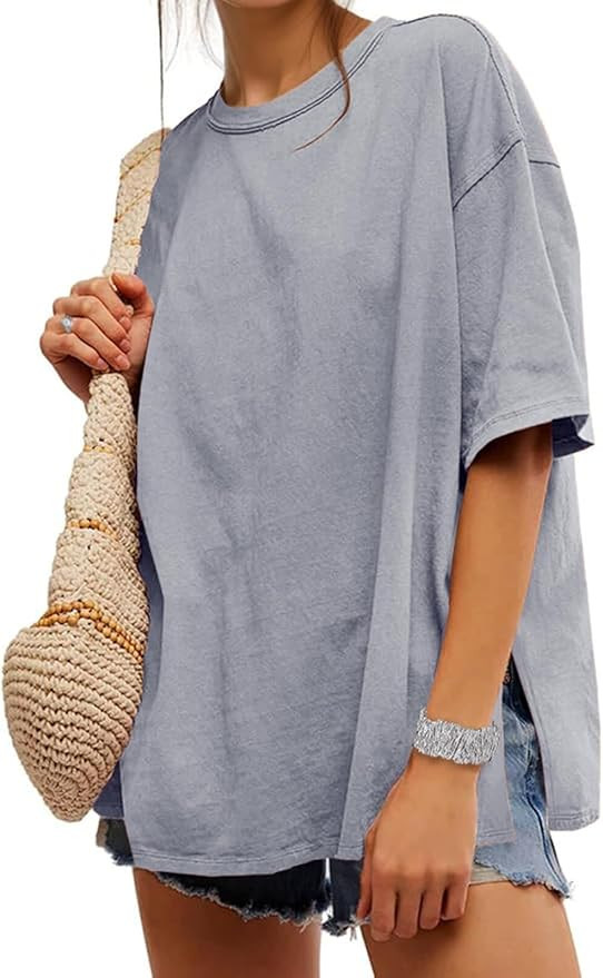 UNCLECAT Womens Oversized T Shirts Summer Trendy Short Sleeve Crew Neck Tops Loose Fit Side Slit ... | Amazon (US)
