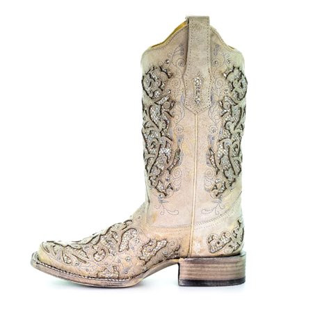 CORRAL Adult Female Glitter Inlay and Crystals Square Toe Boots Color: White Size: 9.5 Width: M | Walmart (US)