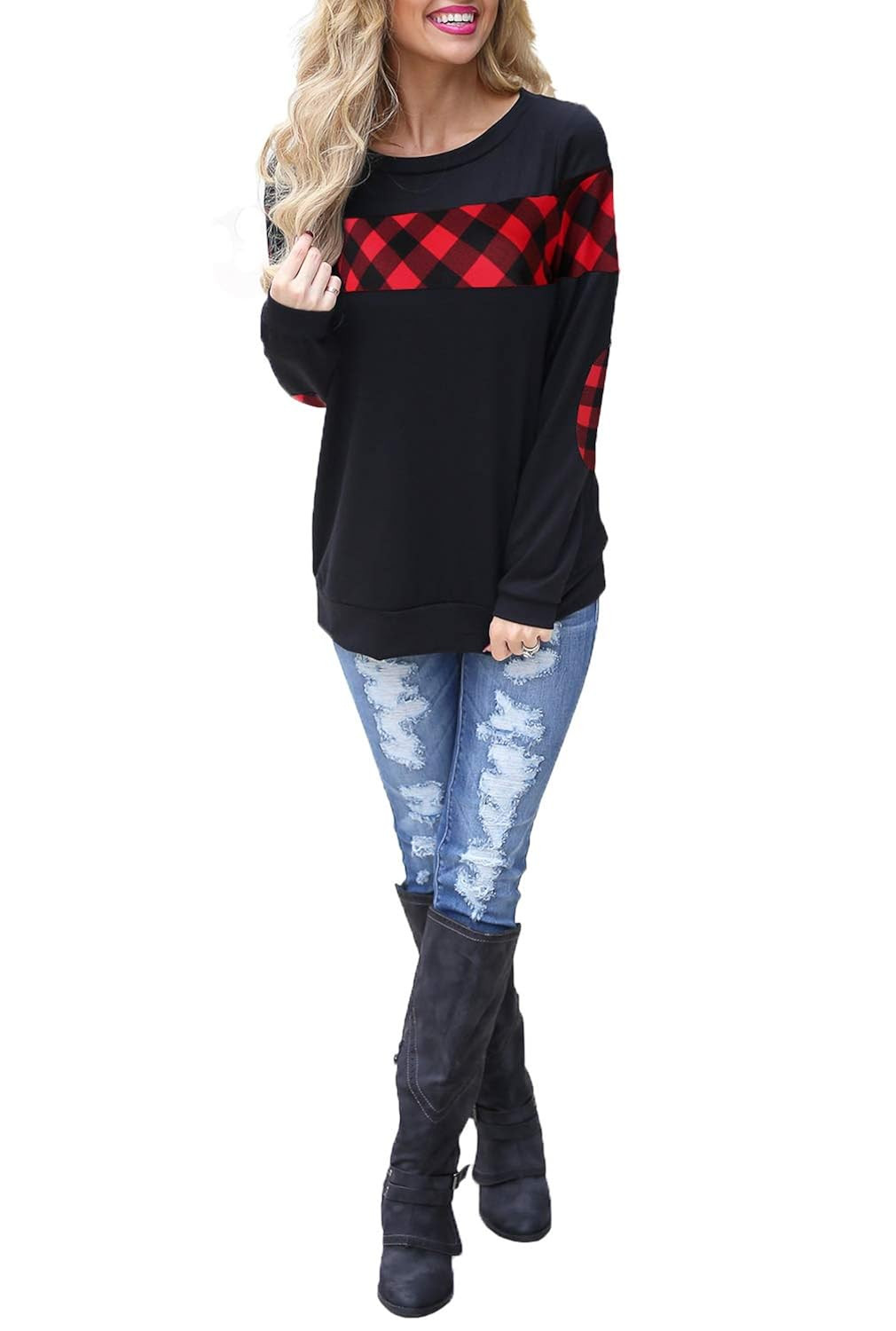 Blooming Jelly Women's Color Block Plaid Shirt Crew Neck Elbow Patches Pullover Sweatshirt Top | Amazon (US)
