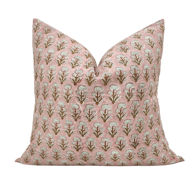 Indian Hand Block Print Throw Pillows Organic Cotton Pink & Brown Flowers, Pillowcase, Cushion Co... | Etsy (US)