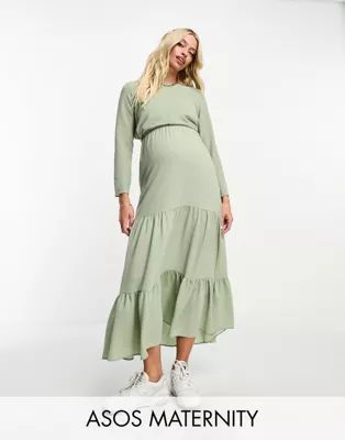 ASOS DESIGN Maternity nursing drawstring waist tiered midi dress in sage | ASOS (Global)