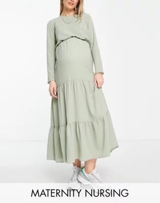 ASOS DESIGN Maternity nursing drawstring waist tiered midi dress in sage | ASOS (Global)