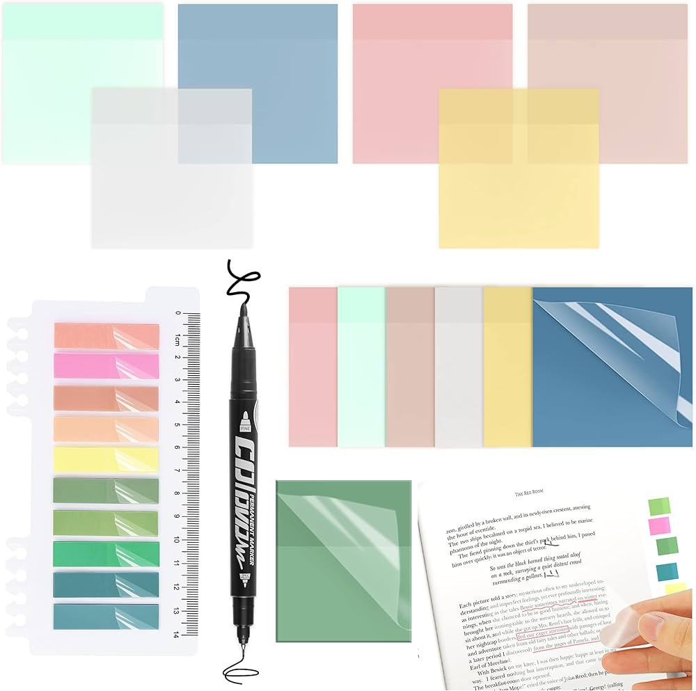 XURISEN 3 * 3" Transparent Stciky Notes,9 Pack Clear Sticky Notes with Marker, Reusable Transluce... | Amazon (US)