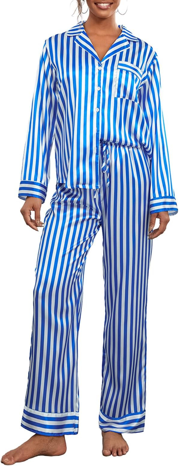 Luckinbaby Women Striped Pajamas Set Long Sleeve Satin Shirt Top Elastic Wide Loose Pants 2 Piece... | Amazon (US)