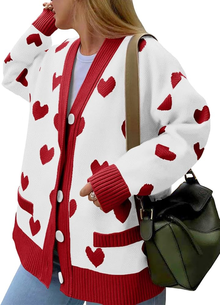Saodimallsu Womens Oversized Heart Cardigan Color Block V Neck Button Long Sleeve Chunky Valentin... | Amazon (US)