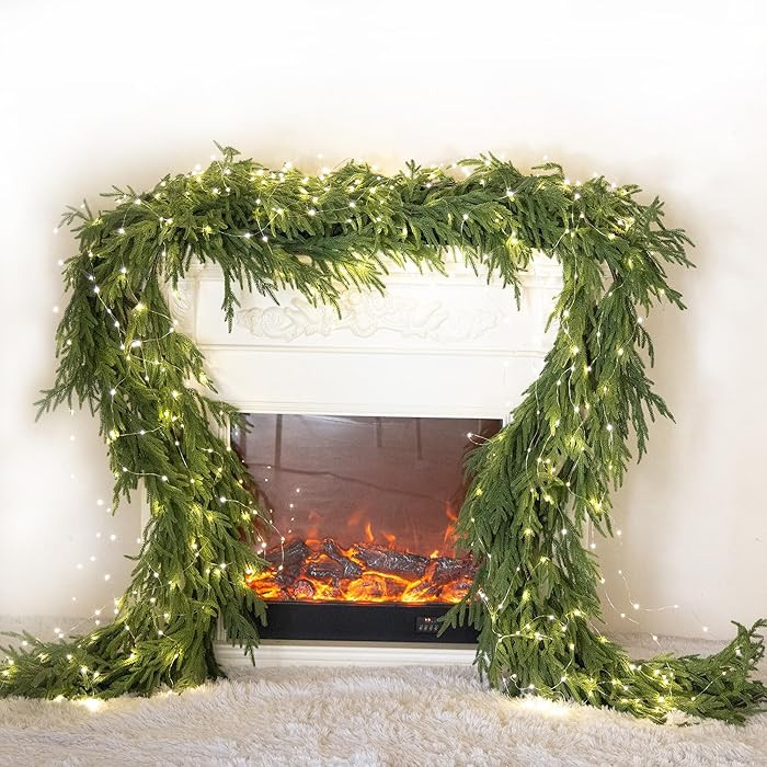 MISSPIN 9ft Christmas Garland with LED Lights, Real Touch Norfolk Pine Garland, Green Artificial ... | Amazon (US)