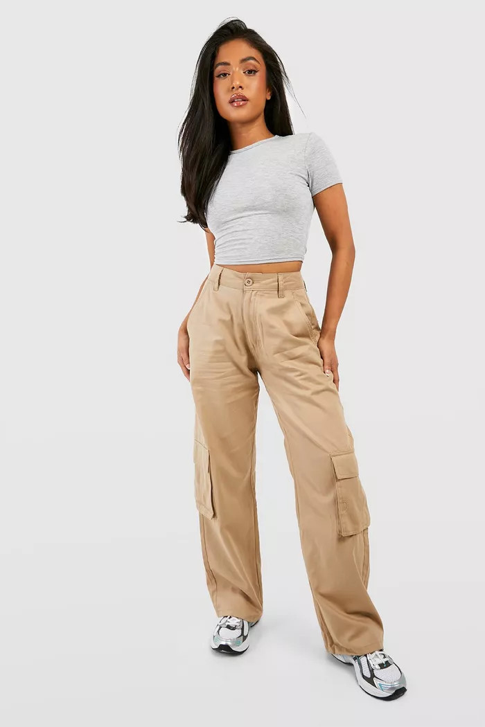 Petite High Waisted Twill Straight Leg Cargo Pants | Boohoo.com (UK & IE)
