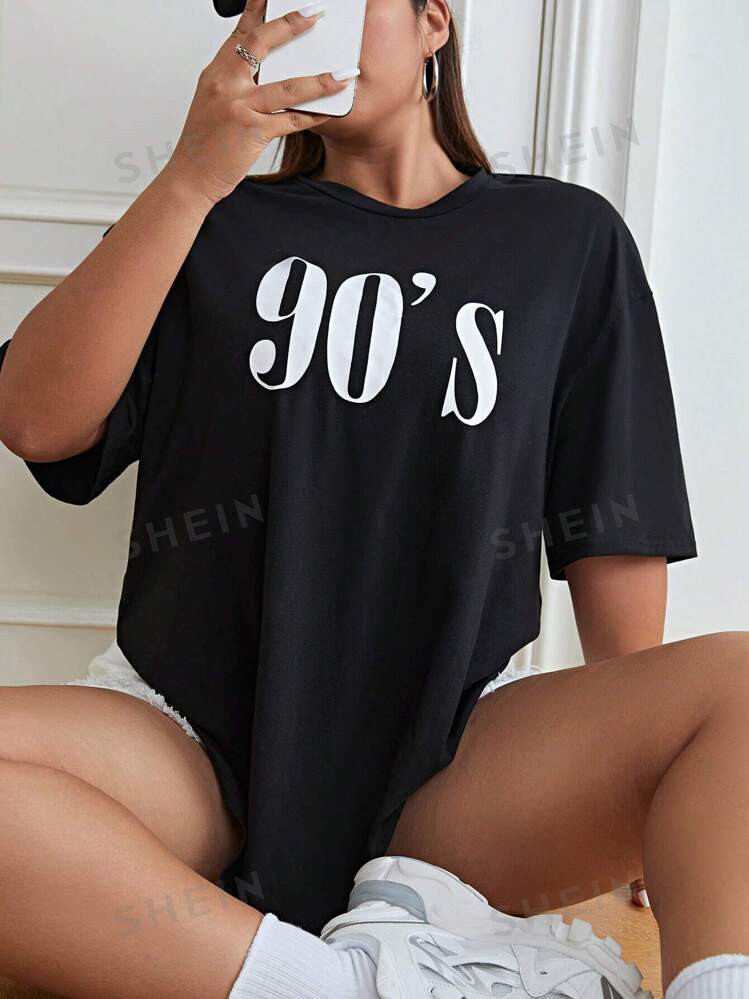 SHEIN EZwear Plus Letter Graphic Drop Shoulder Tee | SHEIN