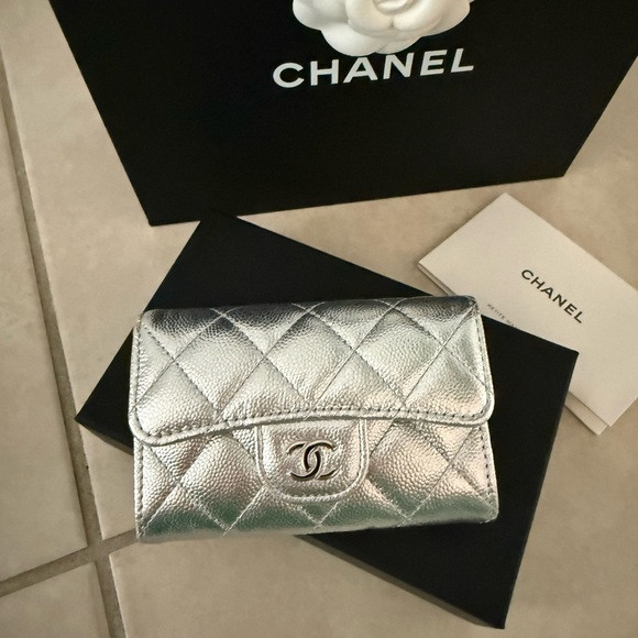 CHANEL Metallic Silver Quilted card holder small wallet | Poshmark