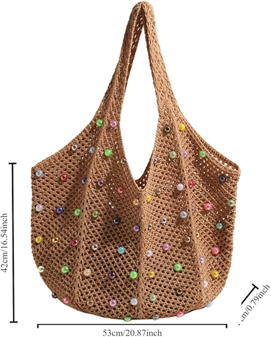 ZHUXILUDAO Women's Crochet Tote Bag Colored beaded Women's Hippie knit bag Holiday Tote bag Big B... | Amazon (CA)
