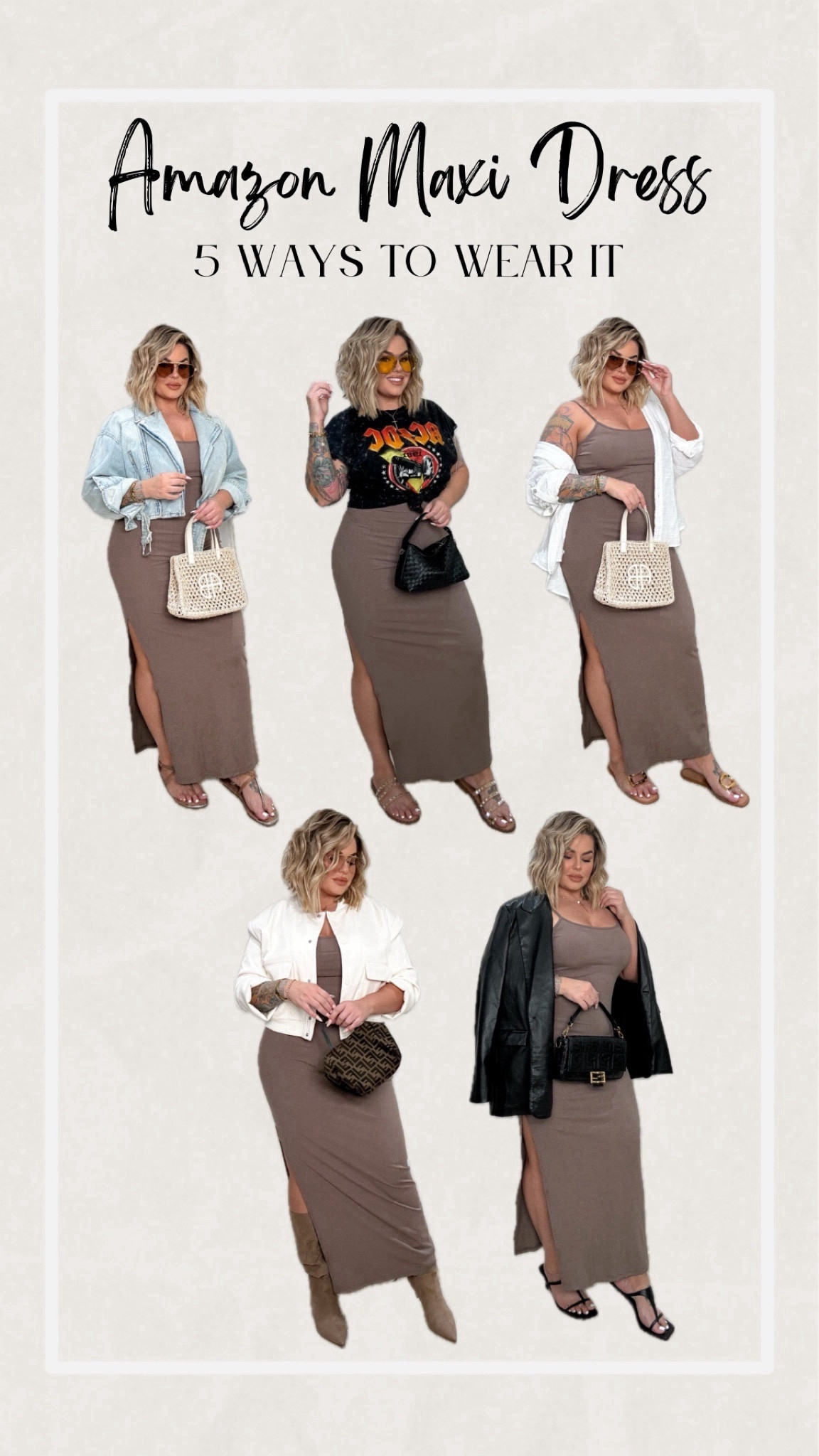 5 ways to wear this amazon maxi dress

Dress size L 
Denim jacket is old from Zara can’t link
AC/DC shirt is from fashion nova can’t link here but it’s current should be on their site still.
White button down shirt size L 
Cream bomber jacket L 
Black leather blazer 2x for oversized fit 
Linked similar shoe options for most of mine because they are older. 
Yellow glasses are from pebbyforevee but can’t link here 

#LTKfindsunder50 #LTKstyletip #LTKmidsize