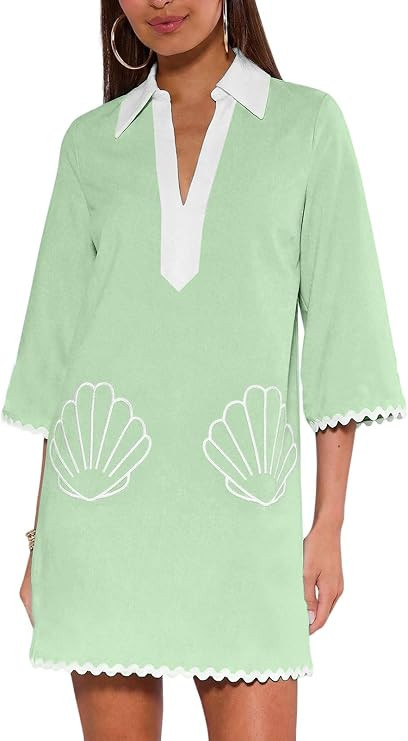 Summer Dresses for Women Shell Embroidered Loose Mini Dress, Boho V-Neck 3/4 Sleeve Contrast Wave... | Amazon (US)