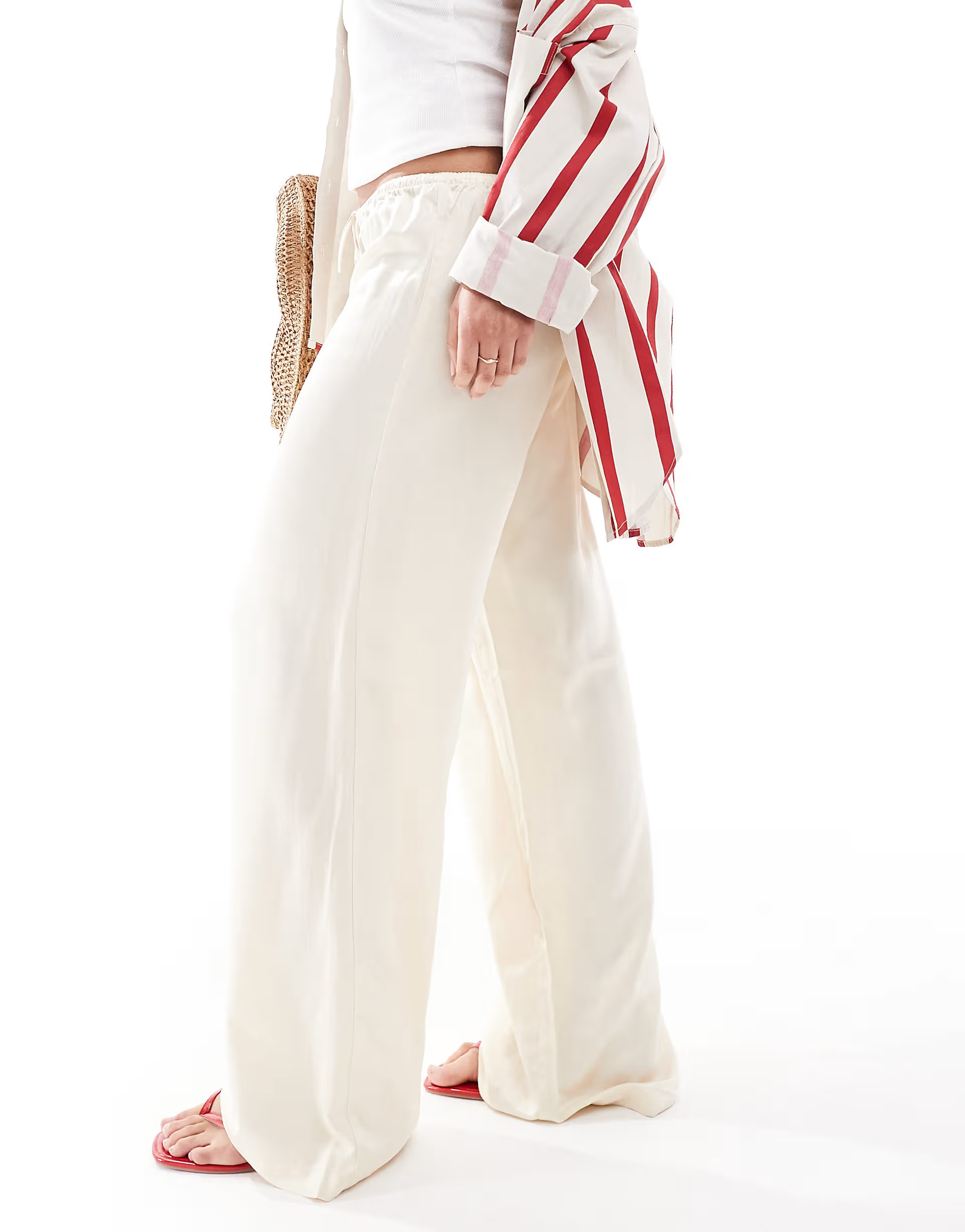 Monki satin wide leg pull on trousers in beige | ASOS | ASOS (Global)