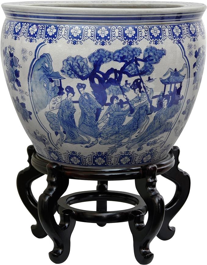 Oriental Furniture 12" Ladies Blue & White Porcelain Fishbowl | Amazon (US)