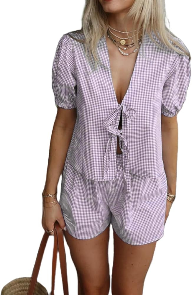 Yuemengxuan Women Y2k Peplum Shirt Shorts Set Two Piece Lounge Set Pajamas Sets Puff Sleeve Tie F... | Amazon (US)