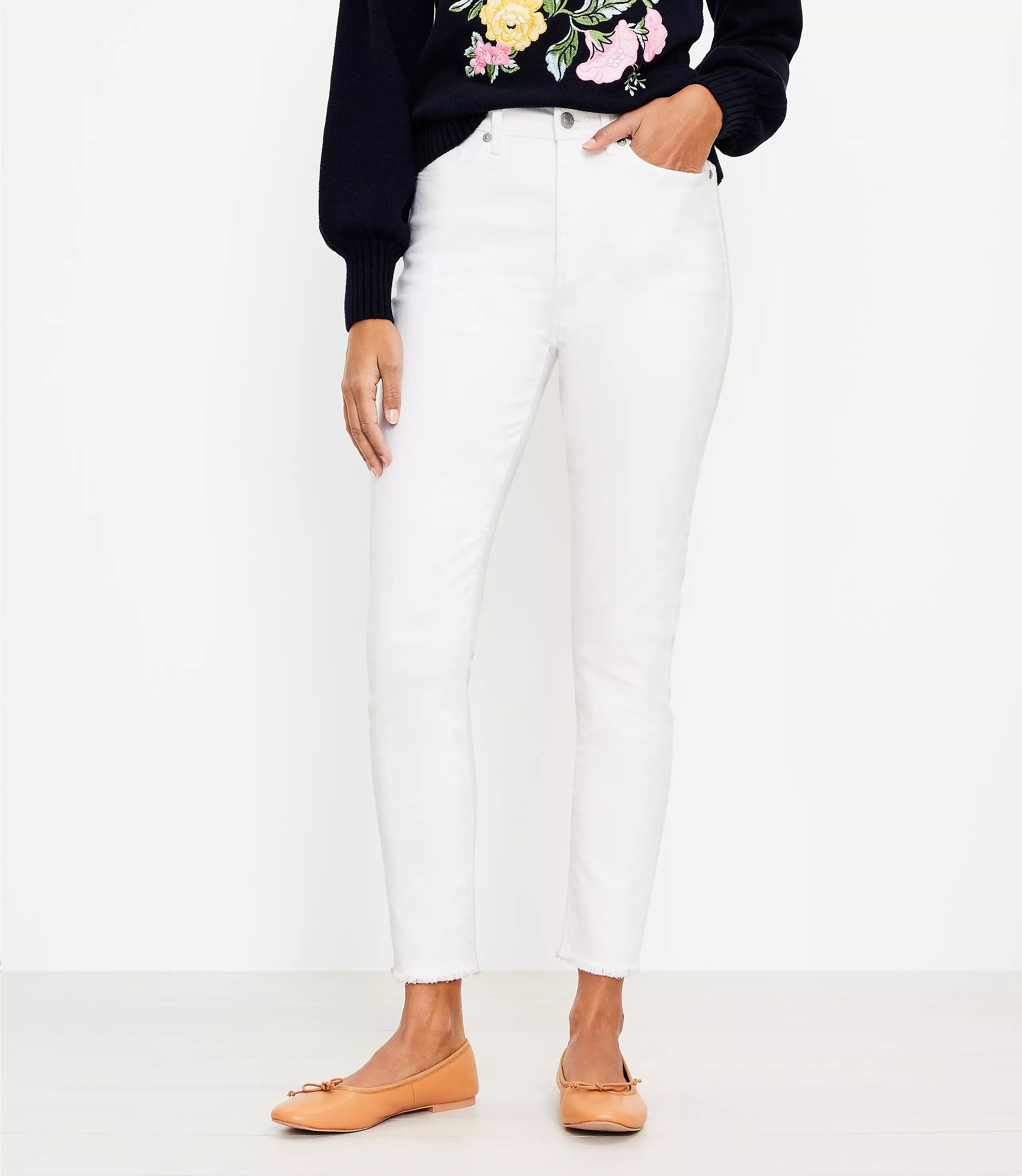 Petite Frayed High Rise Skinny Jeans in White | LOFT