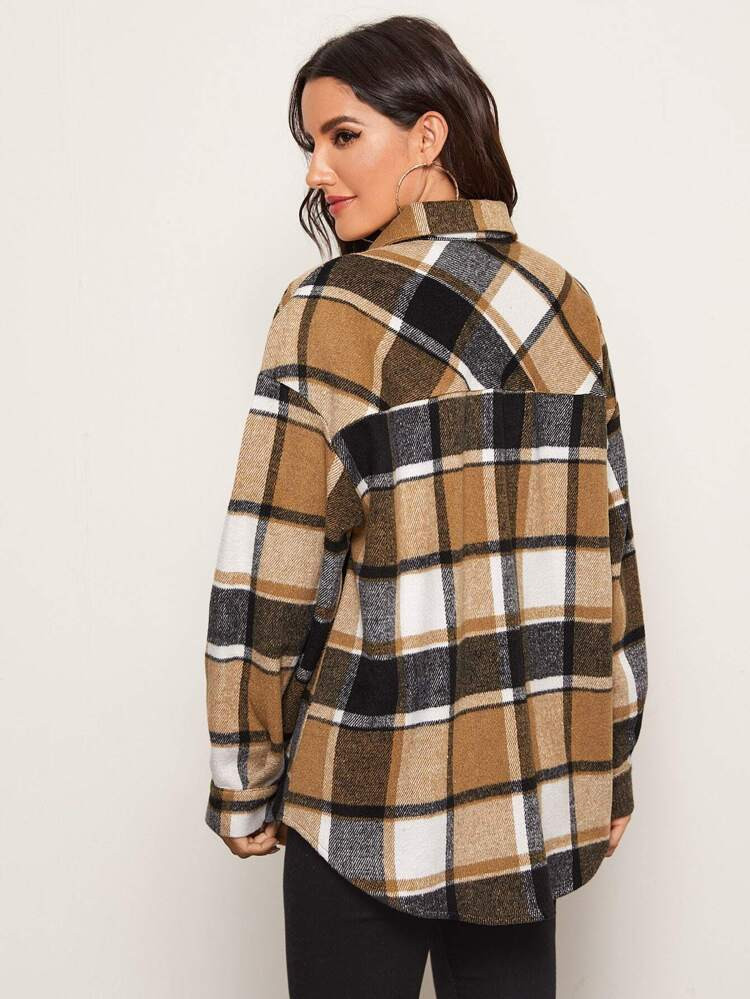 SHEIN Plaid Curved Hem Longline Overshirt | SHEIN