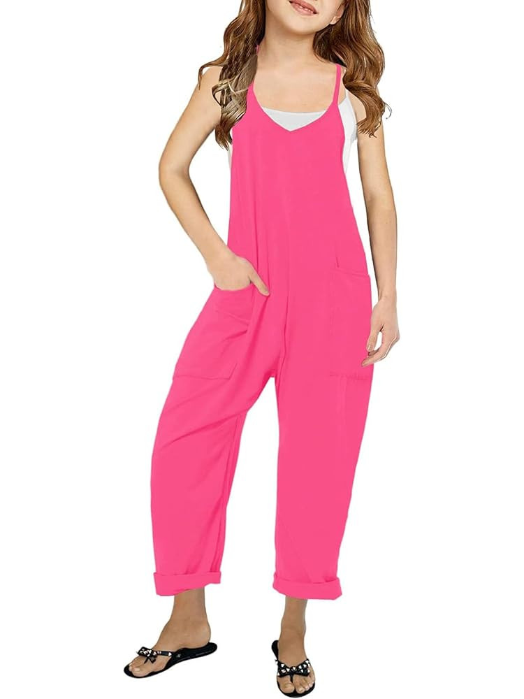Girl's V Neck Sleeveless Jumpsuits Spaghetti Straps Harem Long Pants Rompers With Pockets (5-14 Y... | Amazon (US)