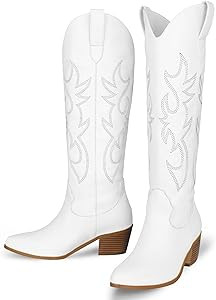 STALOV Embroidered Cowboy Boots for Women, Fashion Western Pointed Toe Chunky Heel Pull-On Knee H... | Amazon (US)