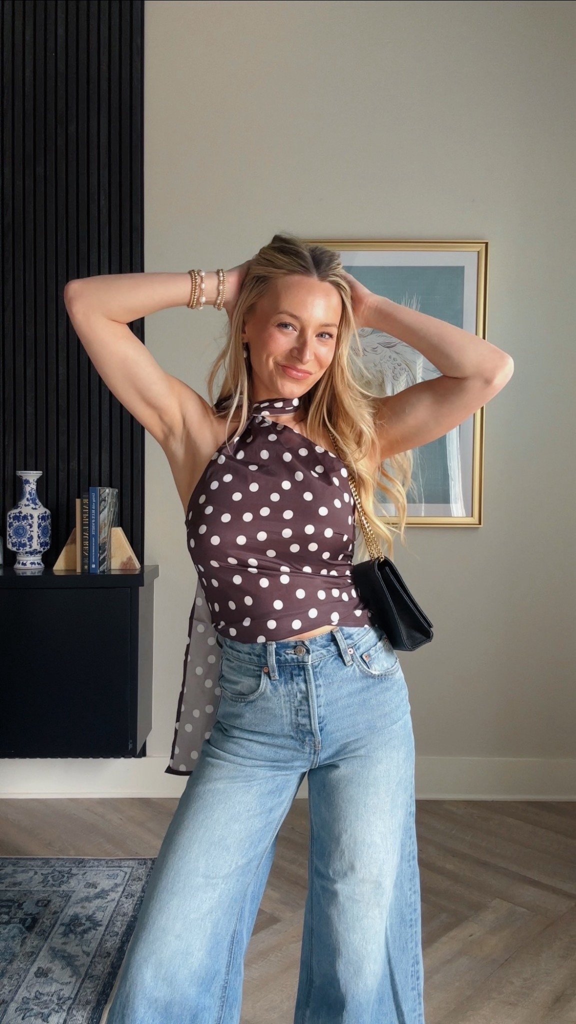 Polka dot satin top with scarf🤌🏼 got sooo many compliments on this @Revolve 

#LTKootd #LTKPetite #LTKmomlife