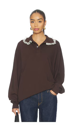 Cletus Lace Trim Polo Top in Brown | Revolve Clothing (Global)