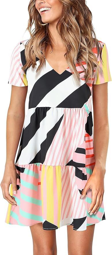 Amoretu Women Summer Tunic Dress V Neck Casual Loose Flowy Swing Shift Dresses | Amazon (US)