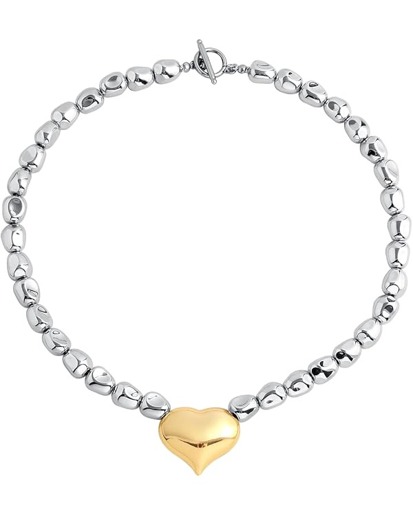 Chunky Gold Heart Necklace for Women Irregular Puffy Heart Pendant Necklace Stylish Statement Jew... | Amazon (US)