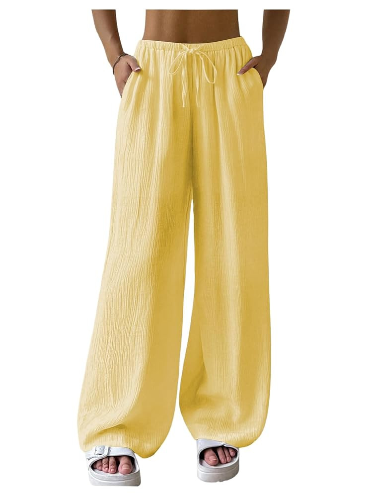 Women's Elastic Drawstring Waist Wide Leg Pants Loose Fit Sheer Cover Up Beach Pants Lounge with ... | Amazon (US)