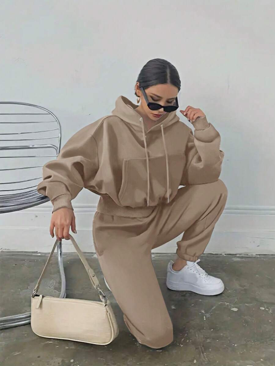 INAWLY Women's Hooded Drawstring Sweatshirt And Pants Set | SHEIN