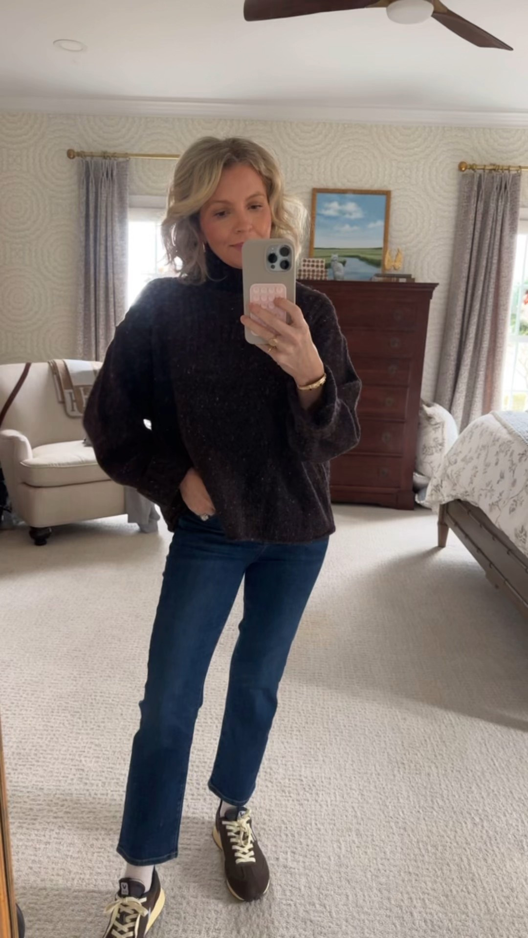 This has been my most worn sweater in recent weeks - I just love the dark brown and the little flecks of color. It’s on sale for 25% off right now. Pairs perfectly with my new Vejas but have also worn it with loafers and boots. 

I recently snagged these jeans on final sale.  I am a big fan of AYR denim and these do not disappoint. They are a straight/slim fit - a classic style!  I went with the 25 in the short length and they hit above the ankle. I probably could have done the regular length, especially for winter. Since they’re on major sale,  I honestly may order them again in the regular length so I have both length options depending on the season - they’re that good! 