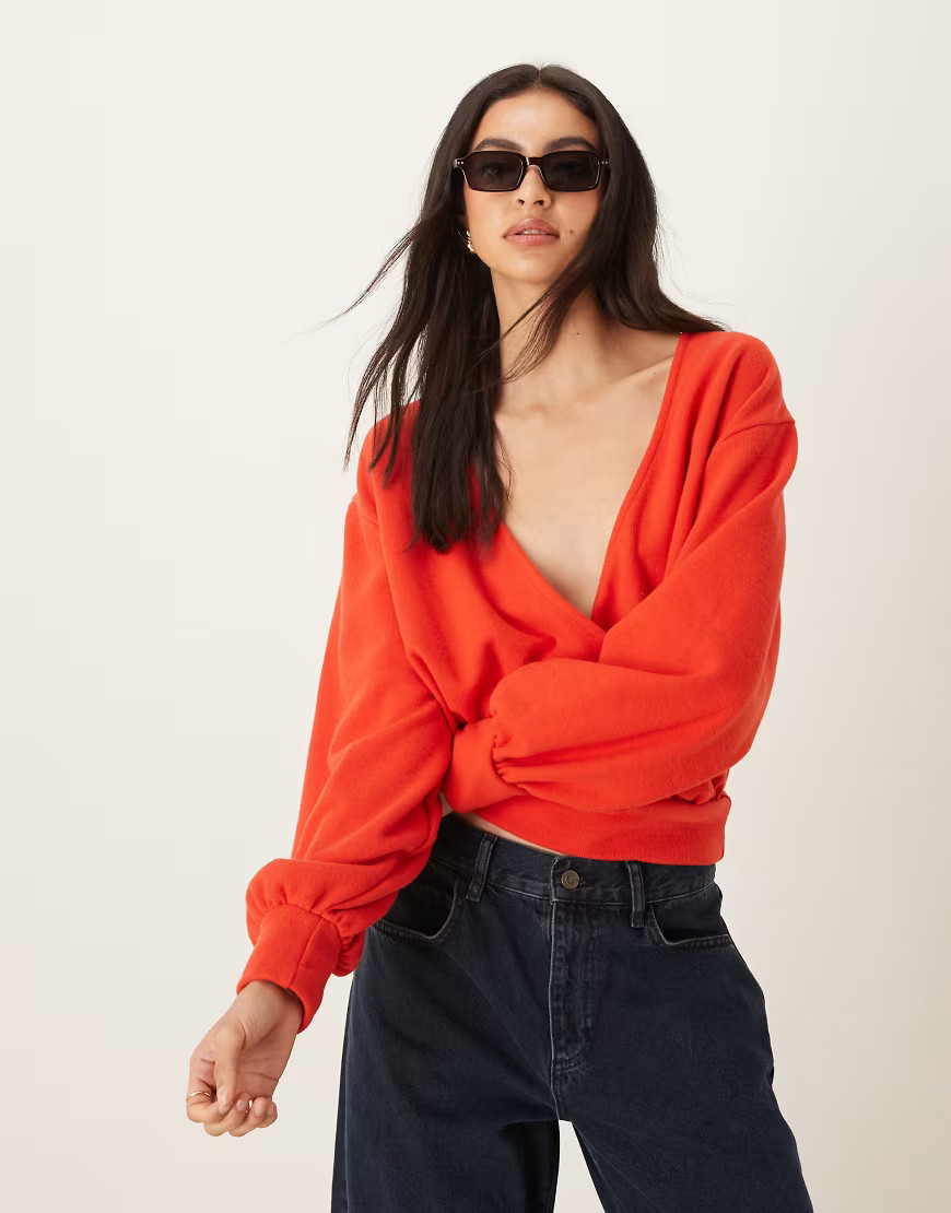 ASOS DESIGN Supersoft wrap balloon sleeve top in red | ASOS (Global)