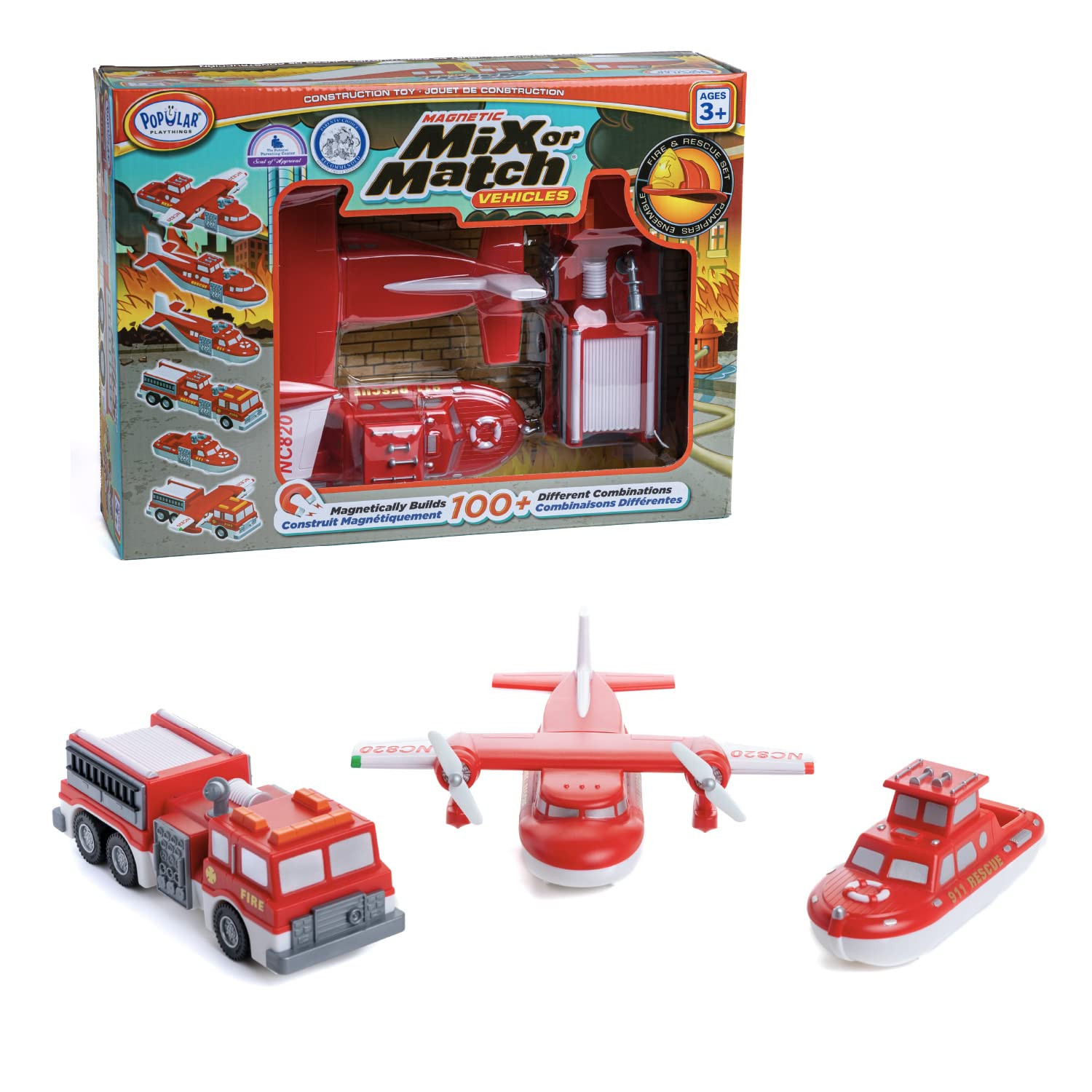 POPULAR PLAYTHINGS Magnetic Mix or Match® Vehicles, Fire & Rescue, Red and White | Amazon (US)