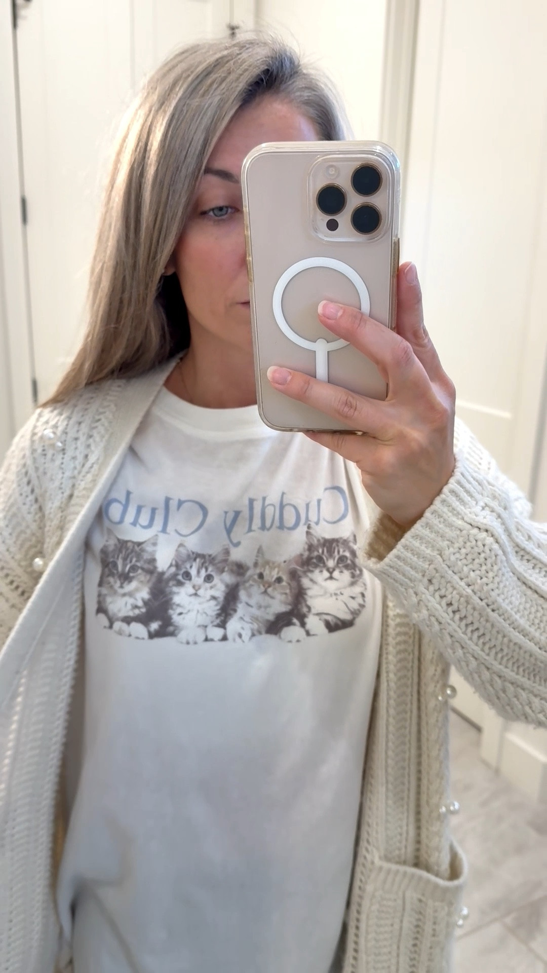 Kinda cute but kinda homeless look😂😜 but listen, if it’s cozy, then sign me up! And that’s exactly what this is!! New Cuddle Club kitten cozy oversized tee from Wild Fable Target is freaking good! I just loved it!Wearing an XS! All in motion brown leggings are also Target and wearing a small! My cream cardigan is old from last year, but I linked the new one from Target! Socks are THE coziest ever from Timberland! And of course the Birkenstocks 

#LTKFindsUnder50 #LTKOver40 #LTKPetite