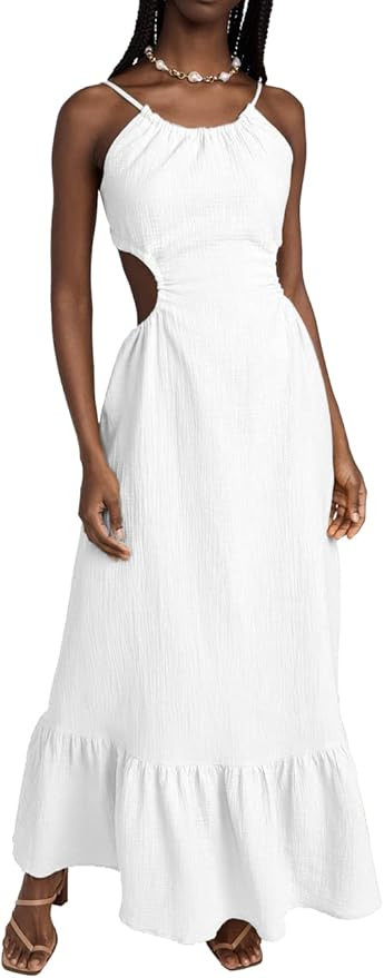 Aigeman Womens Sexy Spaghetti Straps Sleevelss Halter Neck Backless Maxi Dress Cutout Waist Ruffl... | Amazon (US)