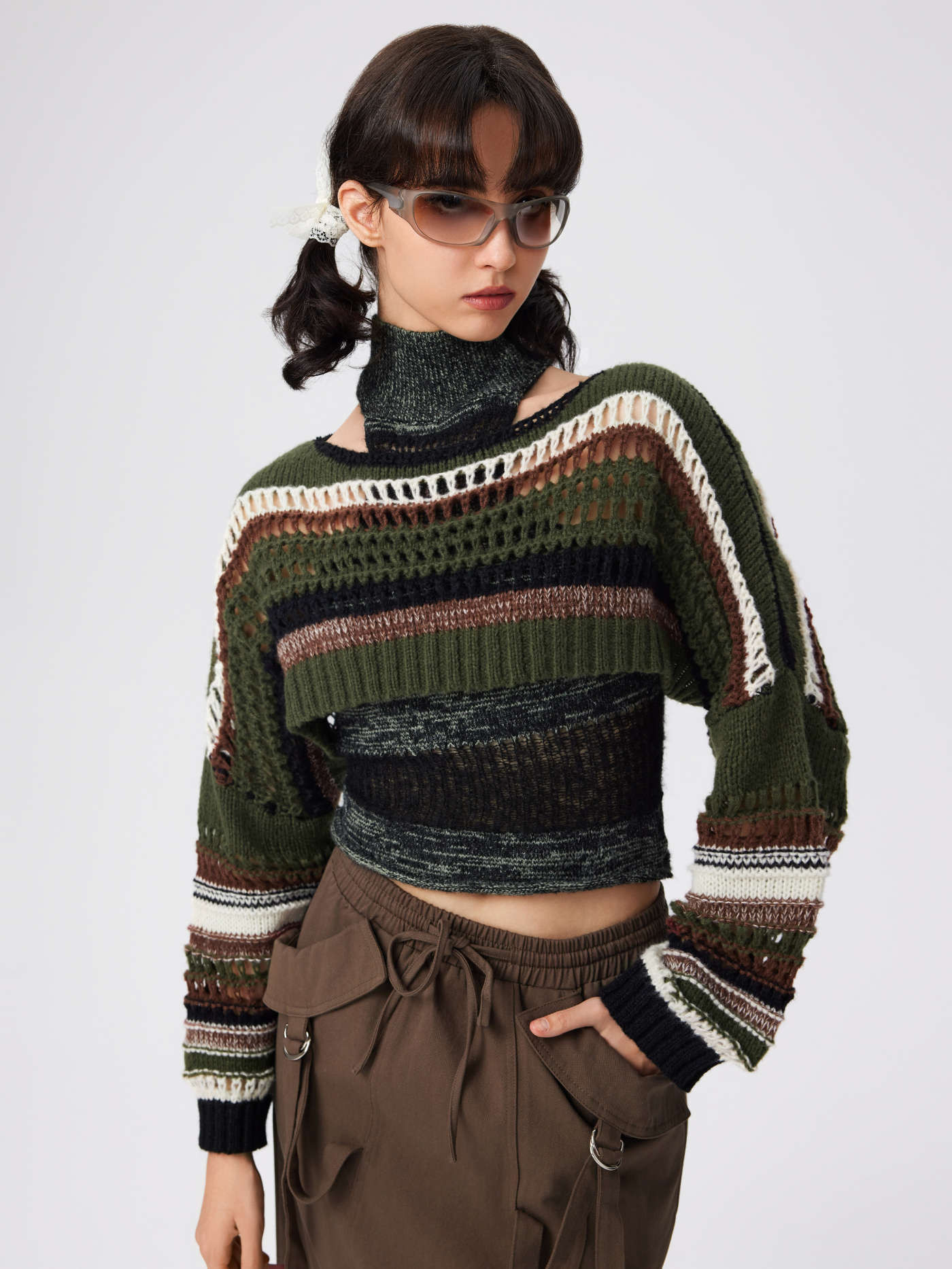 U-neckline Stripe Hollow Out Knitted Long Sleeve Crop Shrug... | Cider