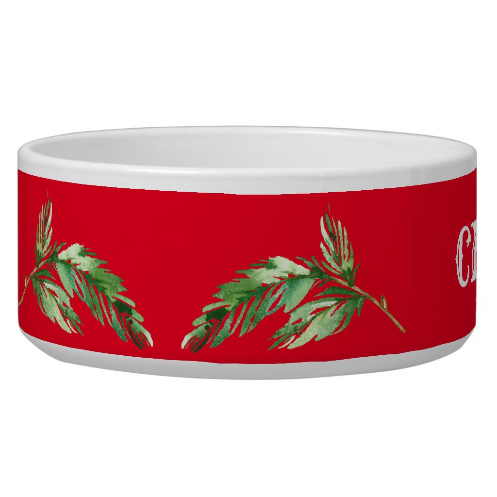 Christmas Holly Red & Green Name Dog Bowl | Zazzle