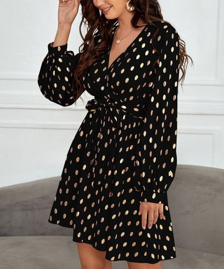 Della Mel  Black & Gold Metallic Polka Dot Tie-Waist Surplice Dress - Women | Zulily