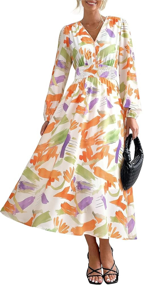 PRETTYGARDEN Women's Floral Midi Dress Casual Fall V Neck Long Sleeve Flowy Spring Beach Wedding ... | Amazon (US)