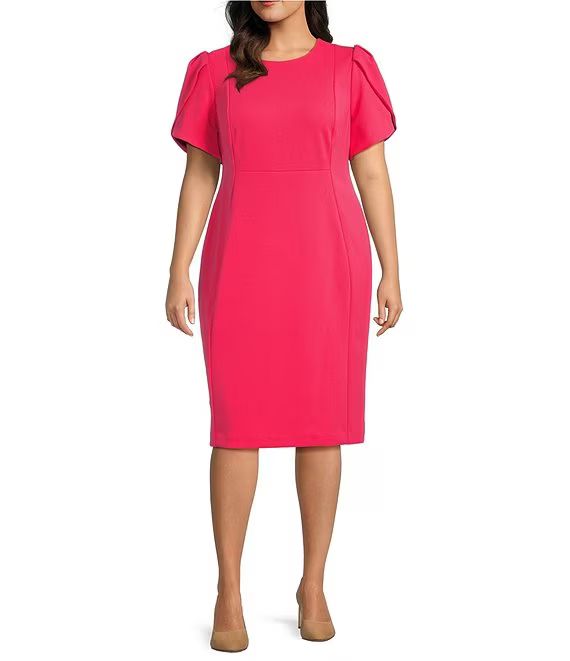 Calvin Klein Plus Size Scuba Crepe Short Petal Sleeve Crew Neck Knee Length Sheath Dress | Dillar... | Dillard's